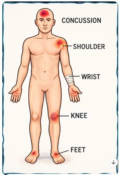 Diagram showing injury sites: concussion, shoulder, wrist, knee, and feet — illustrating the full scope of Dr. Dickman's clinical evaluation beyond spinal conditions